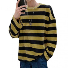 (2XL, Yellow) Men's Striped Sweatshirt Crew Neck Long Sleeve Casual Loose Fit Top for Youth Men Fashion Apparel