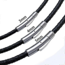 (4mm 32inch or 81cm, Silver) 3/4/5mm Black Leather Necklace for Men & Women - Braided Choker with Stainless Steel Magnetic Clasp
