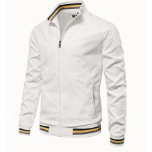 (L, White) Men's Stand Collar Full Zip Windbreaker Bomber Jacket Casual Coat Outerwear