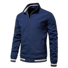(L, Navy Blue) Men's Stand Collar Full Zip Windbreaker Bomber Jacket Casual Coat Outerwear