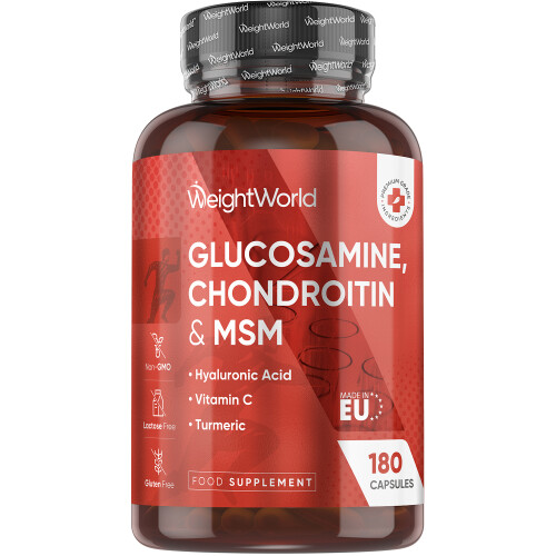 Glucosamine and Chondroitin Supplement with Hyaluronic Acid, MSM, Vitamin C & Turmeric - 180 Capsules - Up to 6 Month Supply