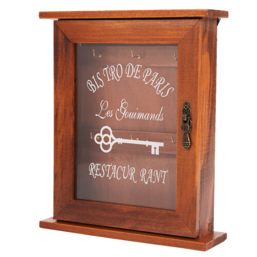 Wooden Key Storage Cabinet Holder Box with Hanging Hooks Brown 2