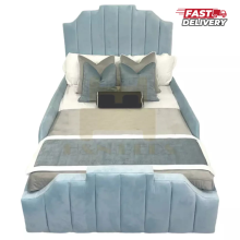 (Blue (with Mattress), 3ft Single (with Gaslift)) Elegant Art Deco Crown Bed Frame Kids & Adults Beds Plush Velvet with Mattress & Gas Lift Storage