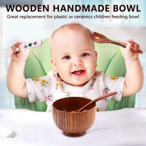 4 Pieces Wooden Handmade Bowl and Spoon Kitchen Tableware 2
