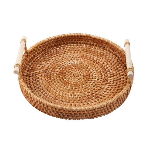 Rattan Storage Tray,Round Basket with Handle,Food Breakfast Display L 1