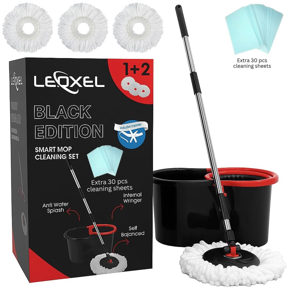 Leoxol 360° Spin Mop For Hard Floor Cleaning Mop And Buckets Sets System. Black