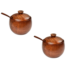2 Pcs Wood Spice Jar with Wooden Lid and Spoon Nordic Concise Tool