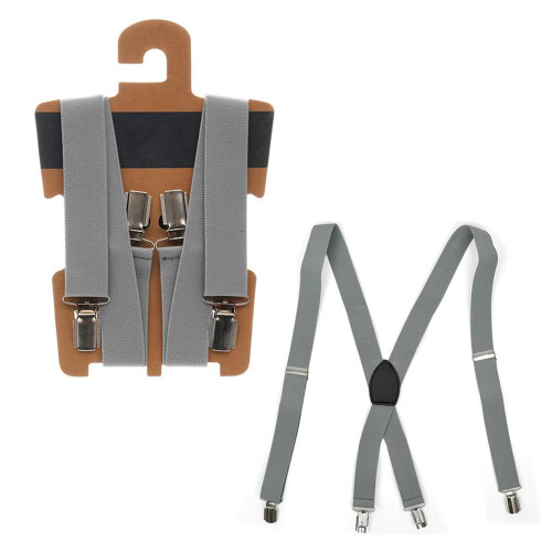 (One Size, Grey) Mens Adjustable Elastic Braces With 4 Metal Clips 2