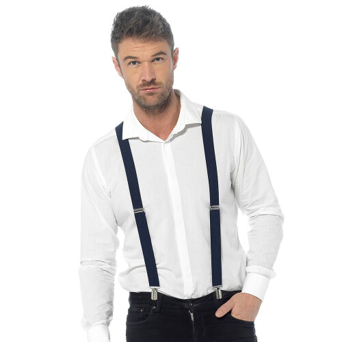 (One Size, Navy) Mens Adjustable Elastic Braces With 4 Metal Clips 1