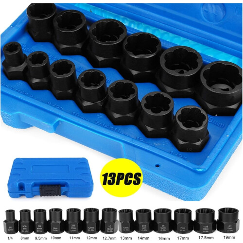 13Pcs Impact Damaged Bolt Nut Remover Extractor Socket Tool Set Nut Removal Socket socket(13PCS-With box) 1