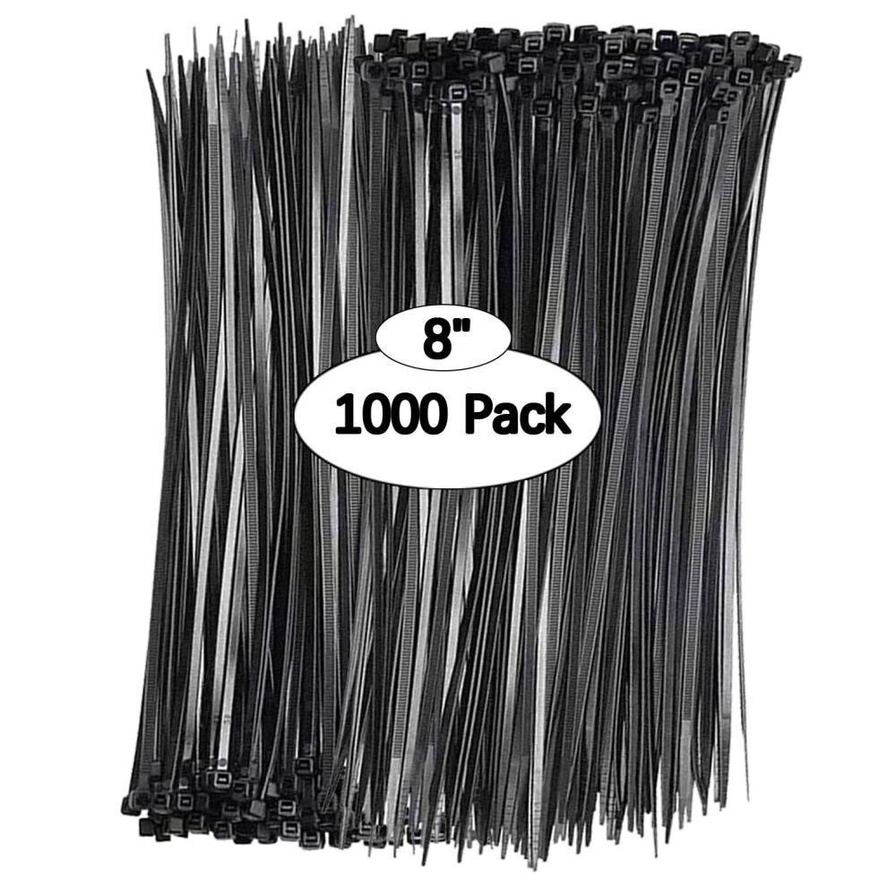 Black Zip Ties 8 Inch (1000 Pack), 40Lbs Tensile Strength, Uv Resistant Heavy Duty 6493810854286