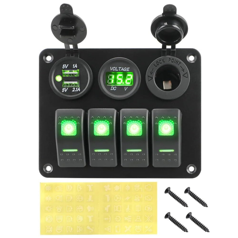 4 Gang Switch Panel For Car Rv Camper Caravans Dual Usb Port Digital Voltmeter Circuit Breaker Led Rocker Aluminum Panel(Green) 6493810920370