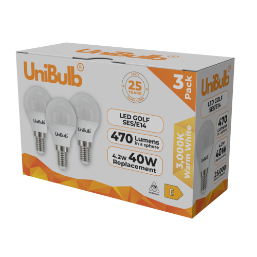 UniBulb LED Golf Ball E14 470lm 4.2W (Warm White) Light Bulb 3 Pack 1
