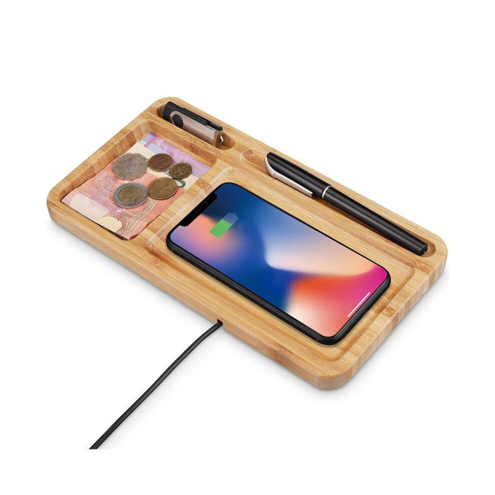 Cargador InaláMbrico De Madera De Bambú De 15 W, Base De Carga, Alfombrilla Y Organizador De Escritorio-image