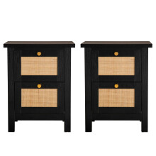 Hallowood Furniture Newquay Black Bedside with 2 Drawer and Real Rattan Front (Pair)