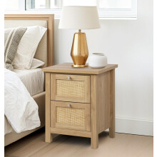 Hallowood Furniture Newquay Oak Effect Bedside Table with 2 Drawer and Real Rattan Front