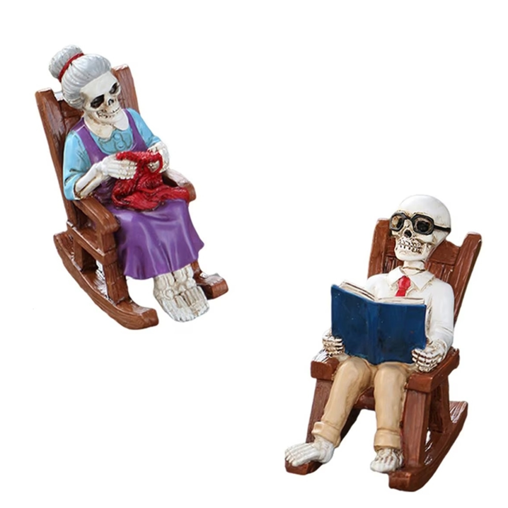 Statuette Di Coppia Di Scheletri, Sedia A Dondolo, Scultura Di Teschio, Statua In Resina