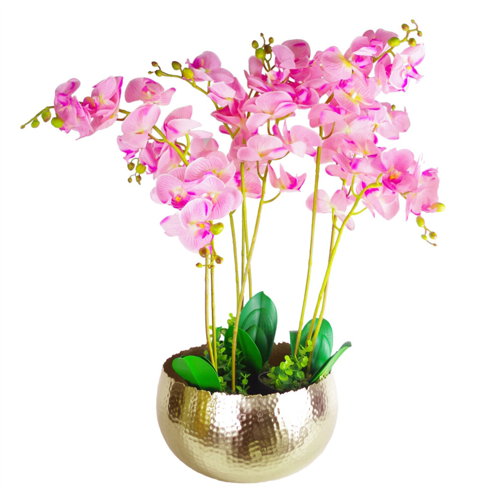 Leaf Artificial Orchid Plant In Metal Golden Bowl Planter 3 Pack - Image 5