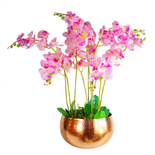 Leaf Large Artificial Orchids Display with XL Metal Bowl Planter 70x70cm