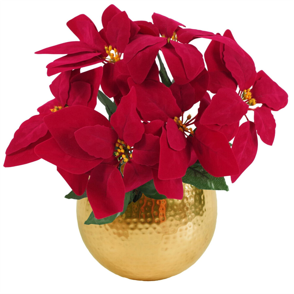 Leaf Artificial Christmas Xmas Red Poinsettia 40Cm Gold Curved Metal Planter - Image 4