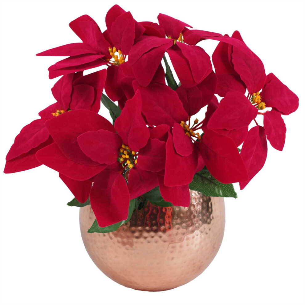 Leaf Artificial Christmas Xmas Red Poinsettia 40Cm Copper Curved Metal Planter