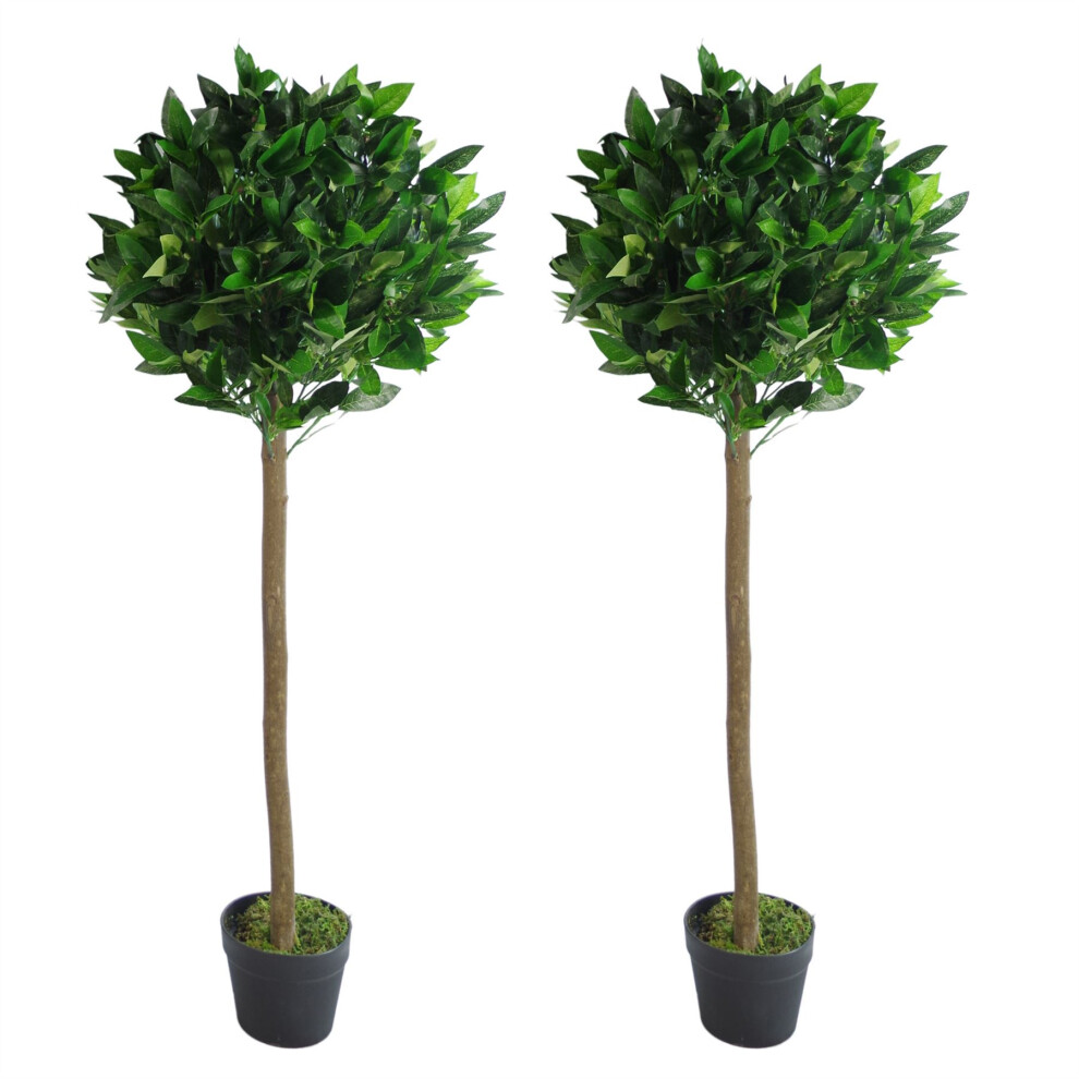 Leaf Pair Of 120Cm (4Ft) Plain Stem Artificial Topiary Bay Laurel Ball Trees