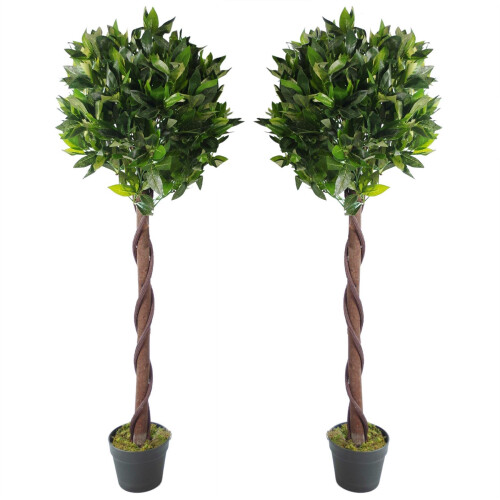 Leaf Pair of 120cm (4ft) Twisted Trunk Artificial Topiary Bay Laurel Ball Trees