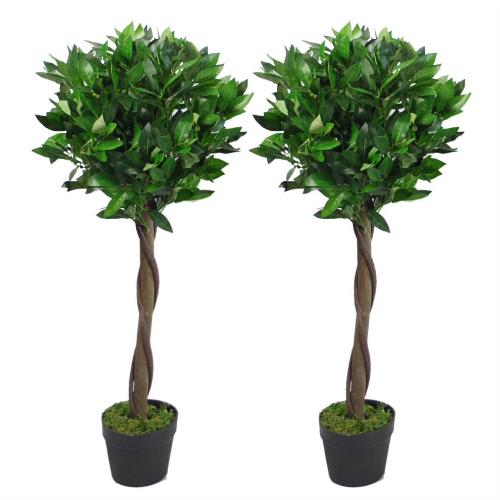 Leaf Pair Of 90Cm (3Ft) Twisted Stem Artificial Topiary Bay Laurel Ball Trees