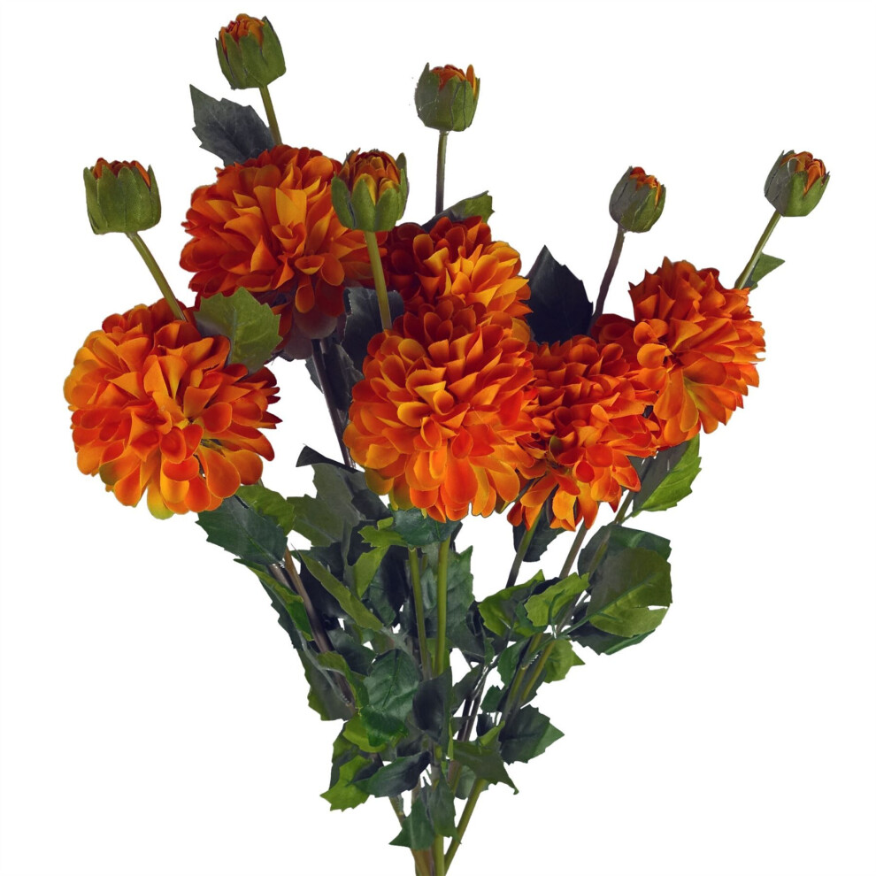 Leaf Pack Of 6 X 75Cm Artificial Dahlia Pompom Flower Stem Orange