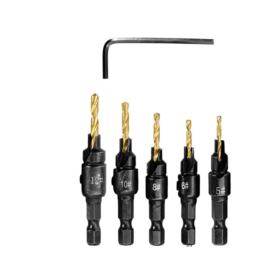 5Pcs Countersink Drill Woodworking Drill Bit Set Drilling Holes For Screw Sizes #5#6#8#10#12(Titanium Plating6-12) 6493810799020