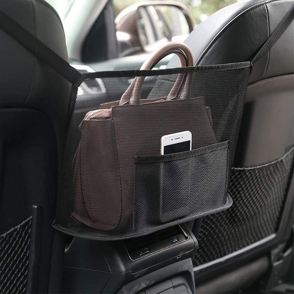 Car Net Pocket Handbag Holder Between Seats Back Storage Organizer Purse Holder For Console Front Seat Storage Barrier (Black) Black 6493810929175
