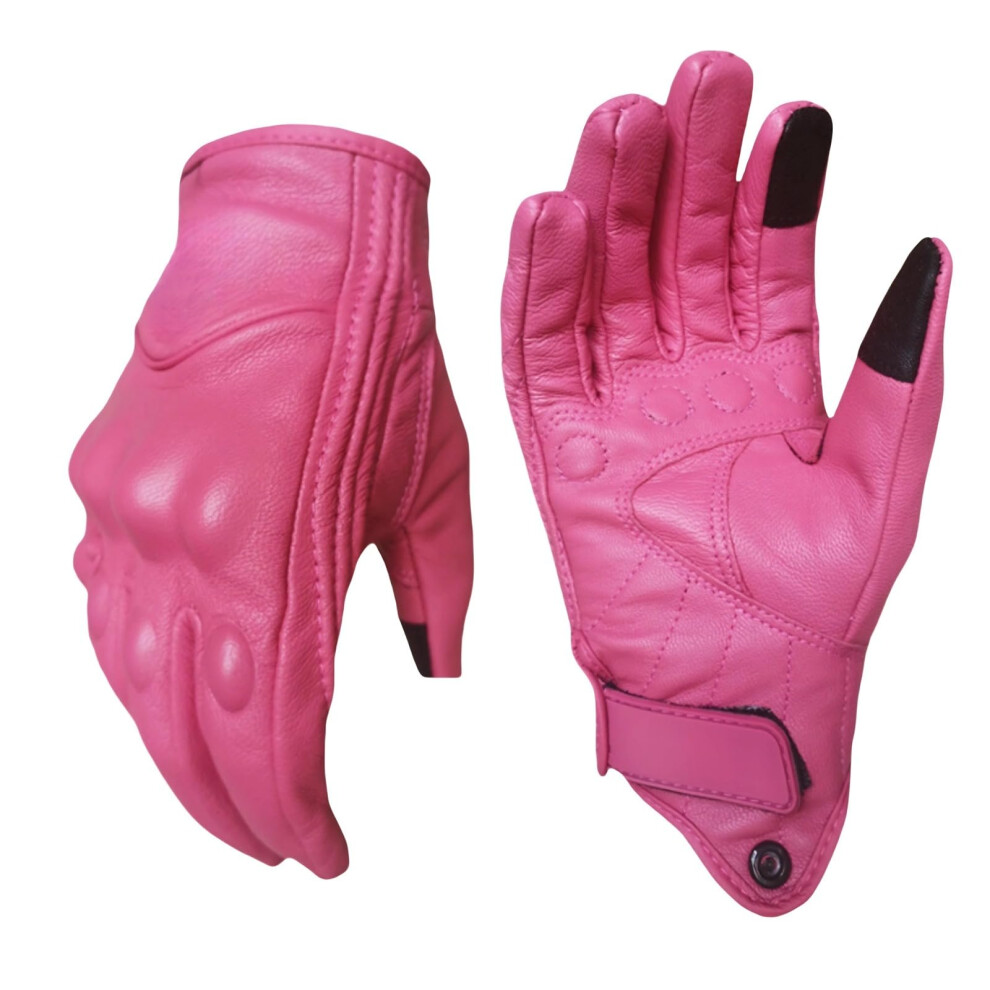 Women Pink Leather Motorcycle Gloves, Goatskin Cruiser Motorbike Riding Gloves, Full Finger Touch Screen-image-OPC-PHZP99H-NEW