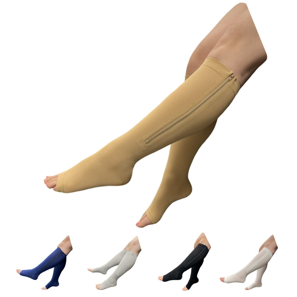 Seniors Care 1520 mmHg Zipper Compression Leg Calf Open Toe Socks (Nude, SmallMedium)