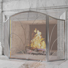 Decorative Handcrafted Scroll Wrought Iron Pewter Spotted Fireplace Screen Spark Guard Cover 3-Panel Arched