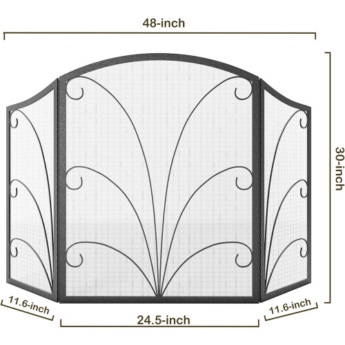 Decorative Handcrafted Scroll Wrought Iron Pewter Spotted Fireplace Screen Spark Guard Cover 3-Panel Arched 2