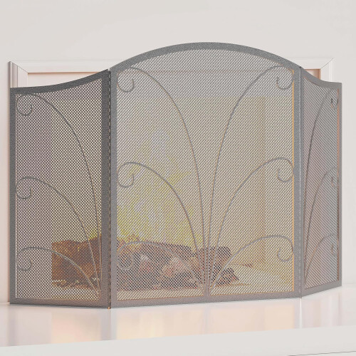 Decorative Handcrafted Scroll Wrought Iron Pewter Spotted Fireplace Screen Spark Guard Cover 3-Panel Arched 1