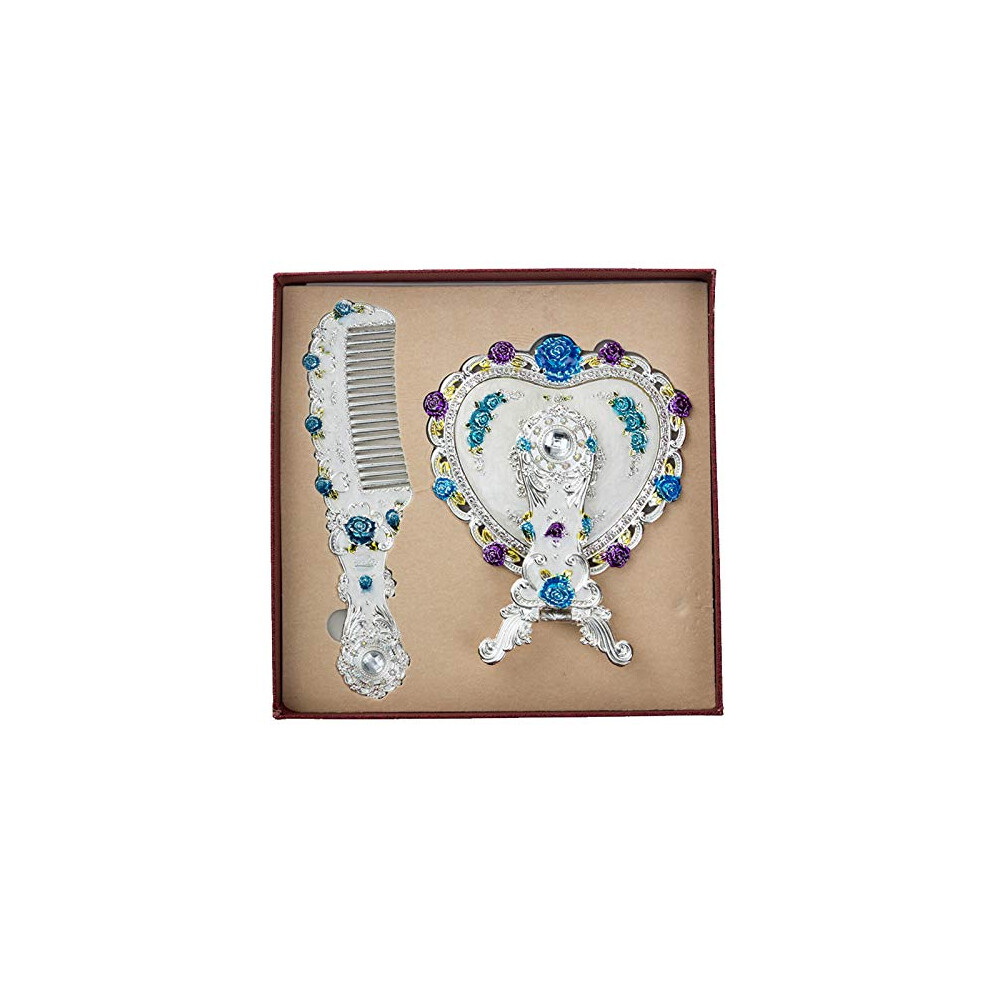1 Set Vintage Heart Shape Mirror for Makeup and Vanity with Floral Antique Princess Castle Design and Embossed Hair Brush