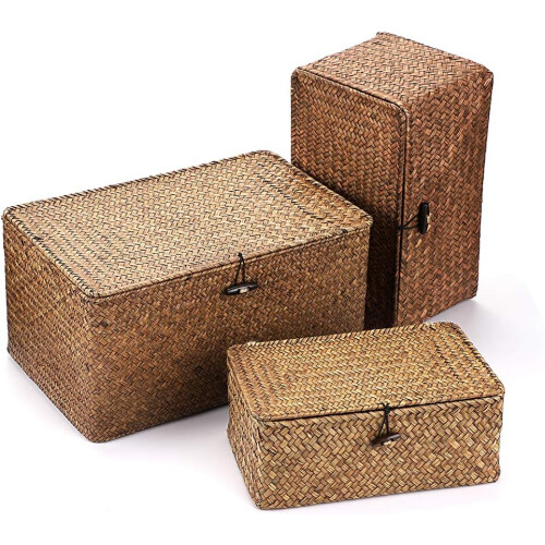 3 Set Natural Seagrass Handwoven Wicker Storage Baskets Household Organizer Large Rectangular 2