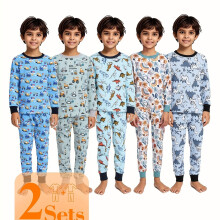 (Mixed Color, 1-2Y) Boys' Random 2pcs Set of 4 Dinosaur Excavator Pattern Long Sleeve Pants Outfit, Casual Crew Neck, Slight Stretch Fabric