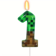 (Green, Number 1) Pixel Miner Birthday Candle Numbers 0~9, Boy and Girl Pixel Cake Decorations, Pixel Theme Party Supplies - Optional 10 Number Candles