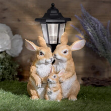 (Solar Rabbit Family with Lantern Post Light) GloBrite Solar Rabbit Family with Lantern Post Light – Resin Garden Ornaments Outdoor Use - Solar Garden Lights for Yard, Patio, Lawn