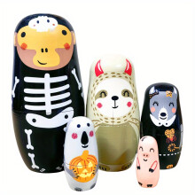 (Monkey) Halloween-Themed Wooden Nesting Dolls - Handmade Matryoshka with Spooky Pumpkin,, and Skeleton Designs