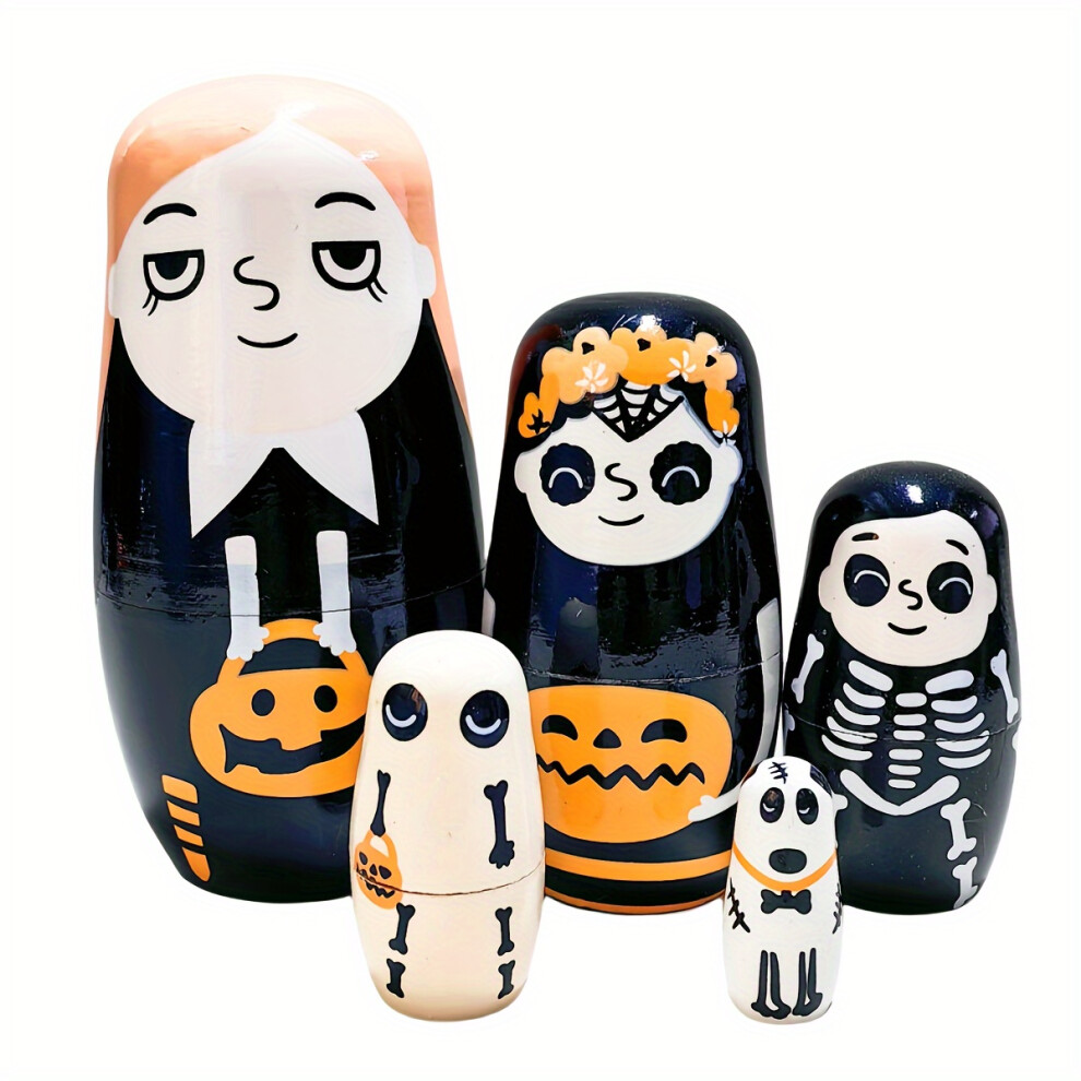 Bghone (Girl) Halloween-Themed Wooden Nesting Dolls - Handmade Matryoshka With Spooky Pumpkin,, And Skeleton Designs
