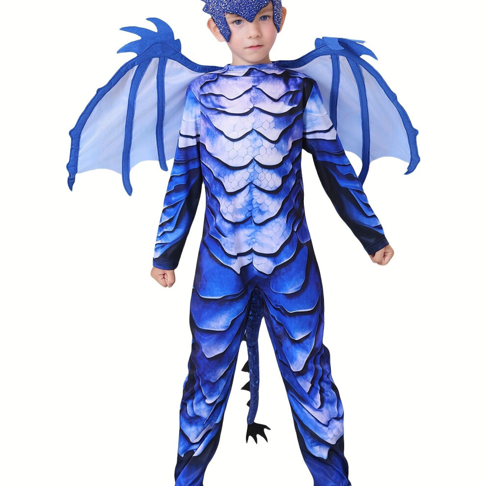 Xerteam (, 5-6Y) Frost Dragon Themed Set: Scale-Patterned Jumpsuit Dragon Wings Dragon Tail Headpiece, For Halloween Parties, Snow-Themed Performance Blue