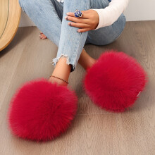 (Red, 6.5-7) Cozy Fairy Style Slippers - Elegant Fluffy All-Season Solid Color - Non-Slip Rubber Sole, Comfortable Fabric Lining