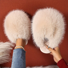 (Beige Color, 6.5-7) Cozy Fairy Style Slippers - Elegant Fluffy All-Season Solid Color - Non-Slip Rubber Sole, Comfortable Fabric Lining