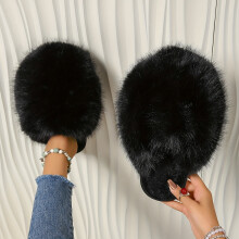 (Black, 3.5-4) Cozy Fairy Style Slippers - Elegant Fluffy All-Season Solid Color - Non-Slip Rubber Sole, Comfortable Fabric Lining