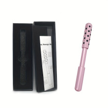 (pink) Germanium Beauty Bar Face Roller - Purple Metal Facial Massager with 30 Massaging Stones, Battery-Free Face Lift & Light Beige Tool