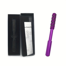 (Purple) Germanium Beauty Bar Face Roller - Purple Metal Facial Massager with 30 Massaging Stones, Battery-Free Face Lift & Light Beige Tool
