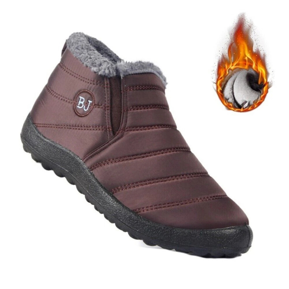 (Coffee, EU 42 / UK 7.5) Womens Waterproof Fur Lined Snow Ankle Boots Ladies Winter Warm Flat Shoes New